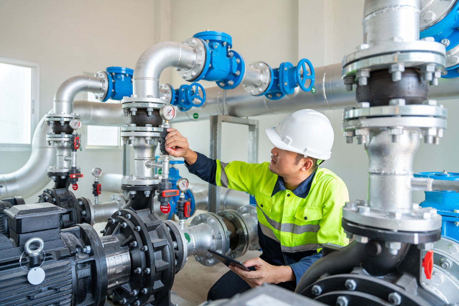 A worker at a water supply station inspects water pump valves eq